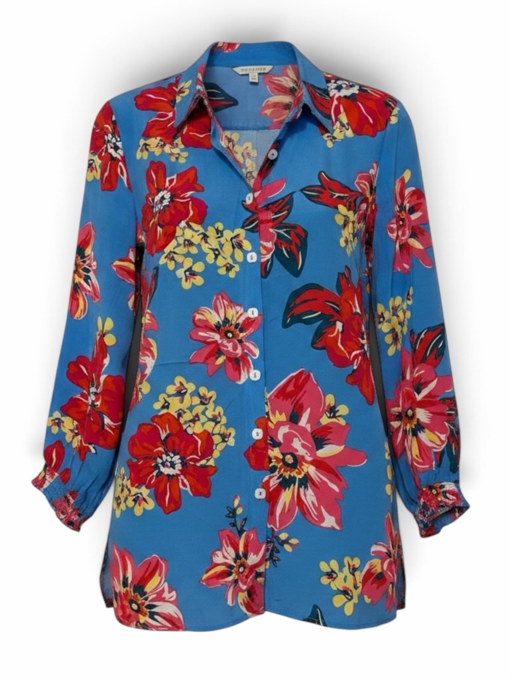 NWT John Mark Vibrant Blue Tropical Floral Motif Button-Down Top Size Small